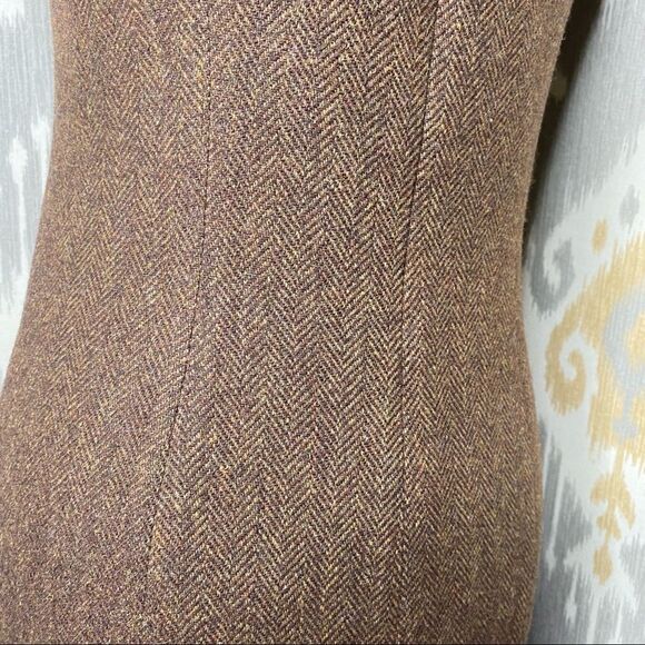 Ralph Lauren Brown Herringbone Lambswool Tweed Cap Sleeve Sheath Midi Dress - Picture 14 of 16
